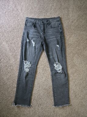 Distressed Grey Skinny Jeans Frayed Hem - Women's Size Large (L)